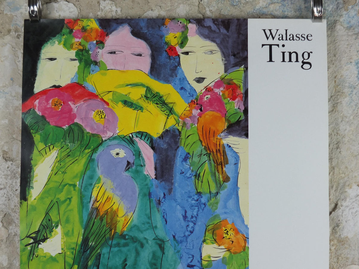 1990 Walasse Ting Poster, Three ladies with fans and parrots, colourful popular figuratism, pop art, gallery, wall art decor