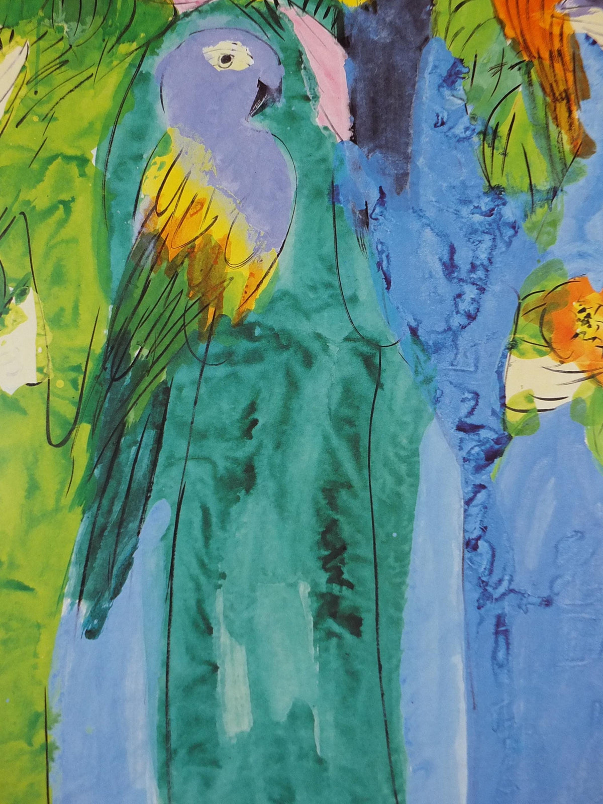 1990 Walasse Ting Poster, Three ladies with fans and parrots, colourful popular figuratism, pop art, gallery, wall art decor