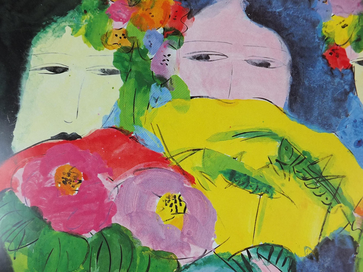1990 Walasse Ting Poster, Three ladies with fans and parrots, colourful popular figuratism, pop art, gallery, wall art decor