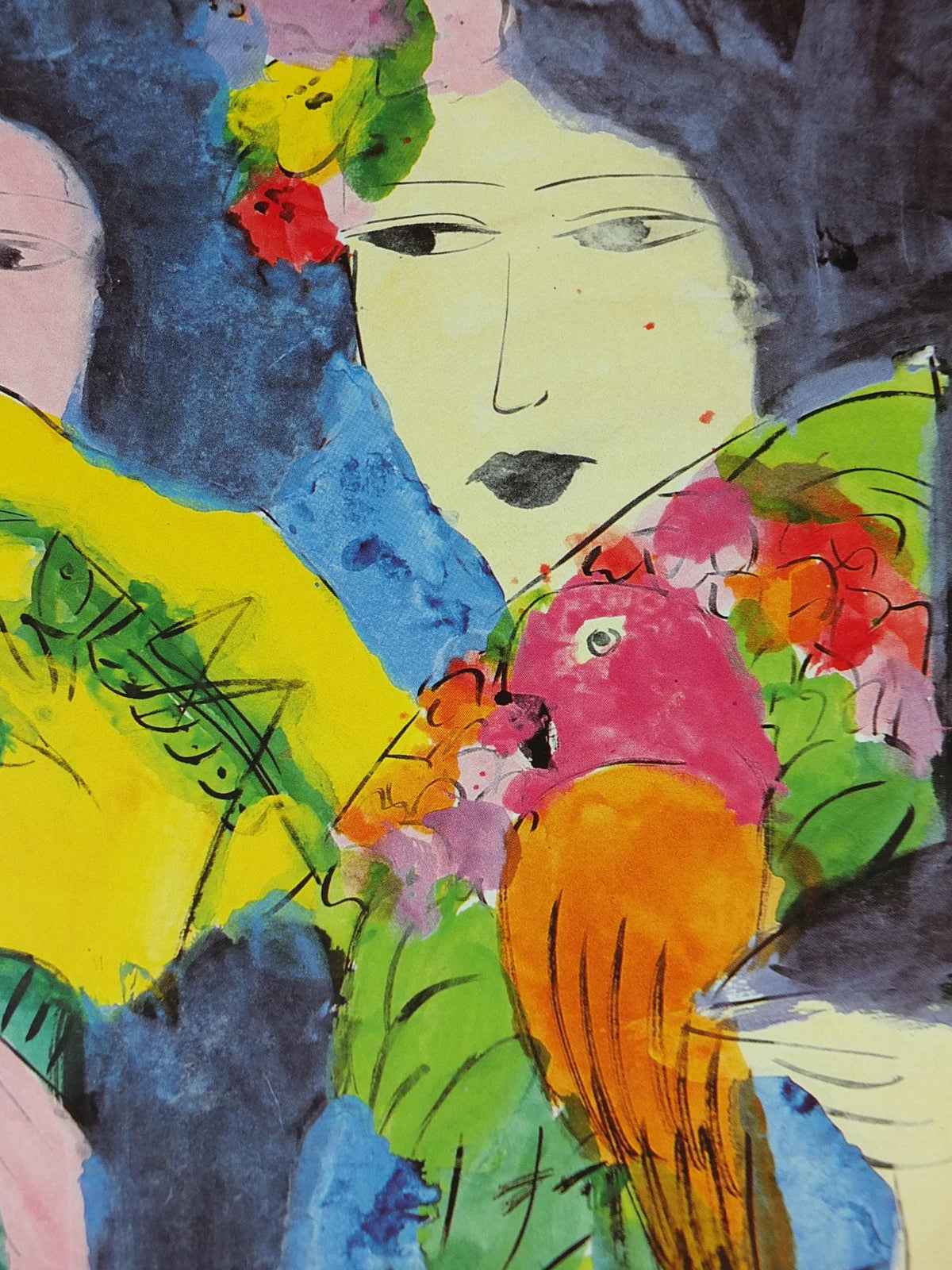 1990 Walasse Ting Poster, Three ladies with fans and parrots, colourful popular figuratism, pop art, gallery, wall art decor