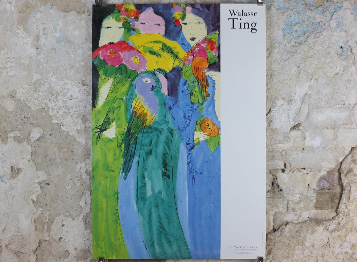 1990 Walasse Ting Poster, Three ladies with fans and parrots, colourful popular figuratism, pop art, gallery, wall art decor