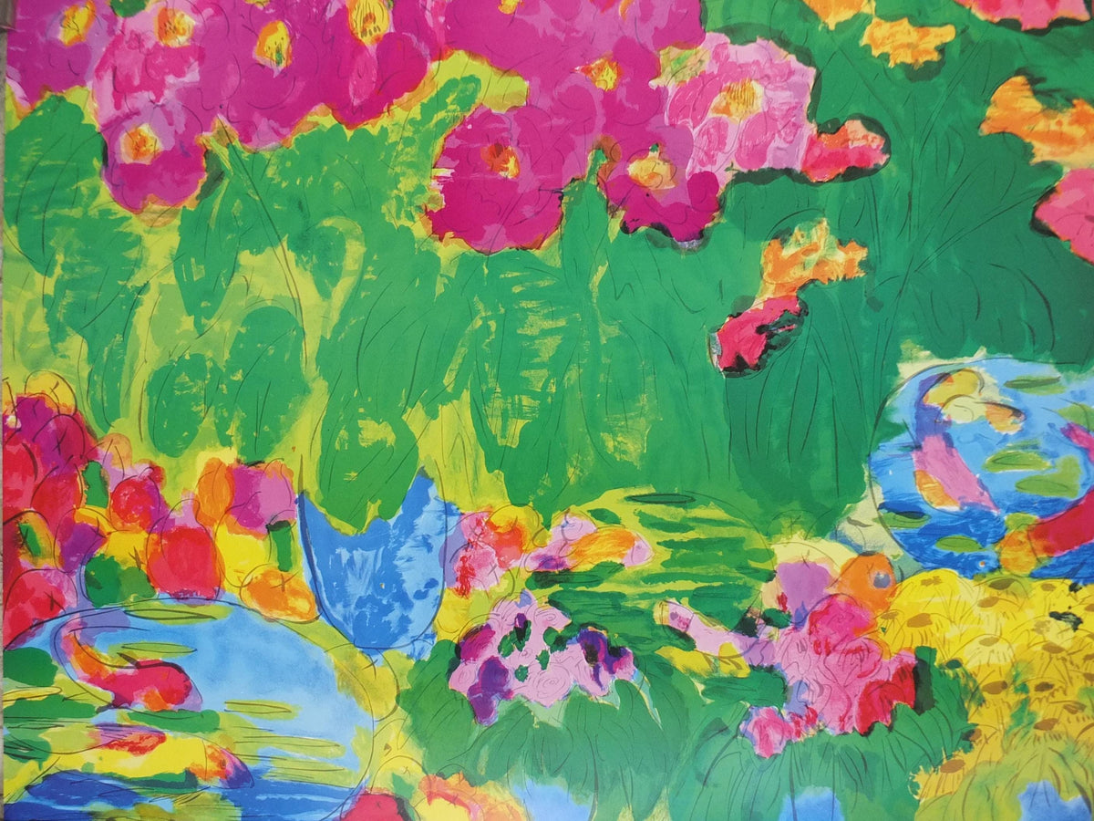 1990 Walasse Ting Poster, Peaches and Flowers, summer garden, colourful popular figuratism, pop art, gallery exhibition, wall art decor