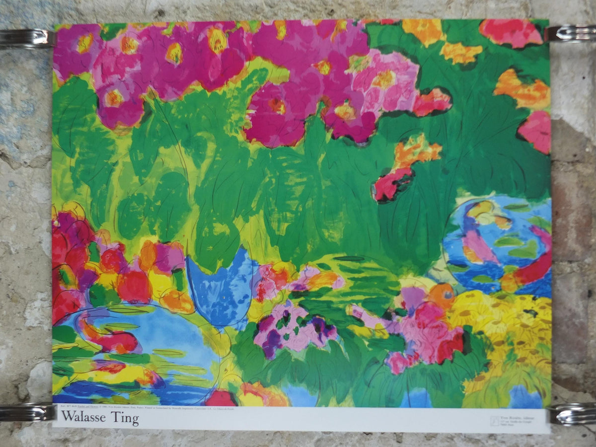 1990 Walasse Ting Poster, Peaches and Flowers, summer garden, colourful popular figuratism, pop art, gallery exhibition, wall art decor