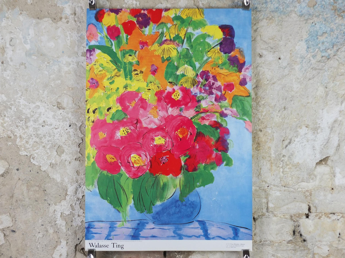 1990 Walasse Ting Poster, Flowers, vibrant blooms in a blue vase, colourful popular figuratism, pop art, gallery exhibition, wall art decor
