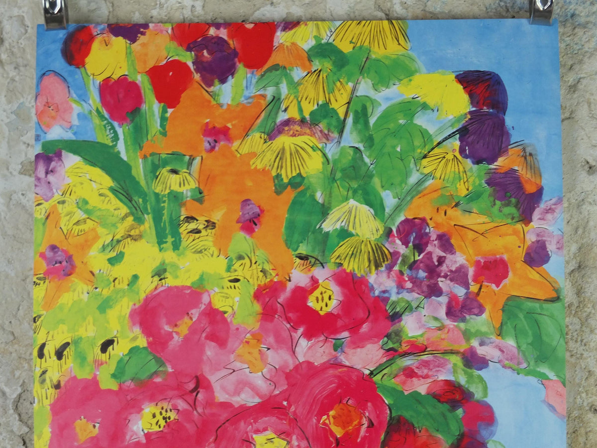 1990 Walasse Ting Poster, Flowers, vibrant blooms in a blue vase, colourful popular figuratism, pop art, gallery exhibition, wall art decor