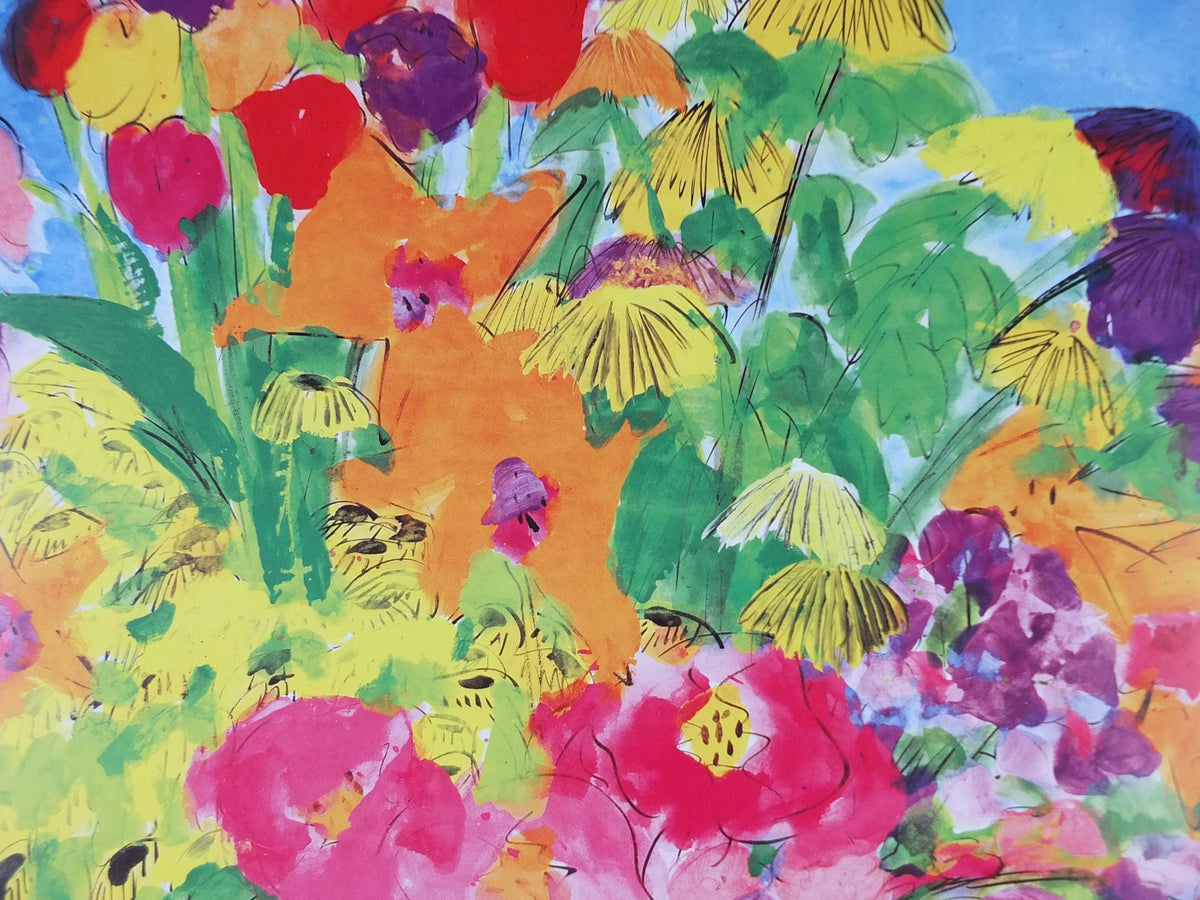 1990 Walasse Ting Poster, Flowers, vibrant blooms in a blue vase, colourful popular figuratism, pop art, gallery exhibition, wall art decor