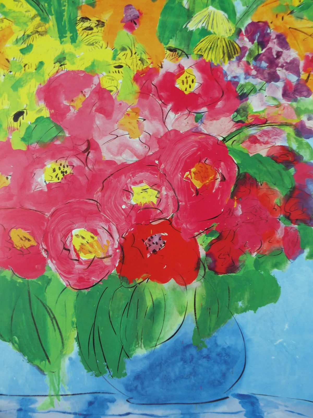 1990 Walasse Ting Poster, Flowers, vibrant blooms in a blue vase, colourful popular figuratism, pop art, gallery exhibition, wall art decor