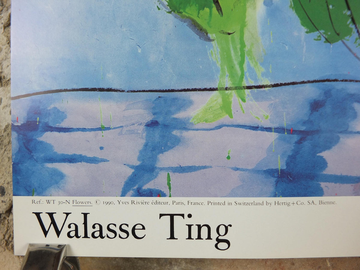 1990 Walasse Ting Poster, Flowers, vibrant blooms in a blue vase, colourful popular figuratism, pop art, gallery exhibition, wall art decor