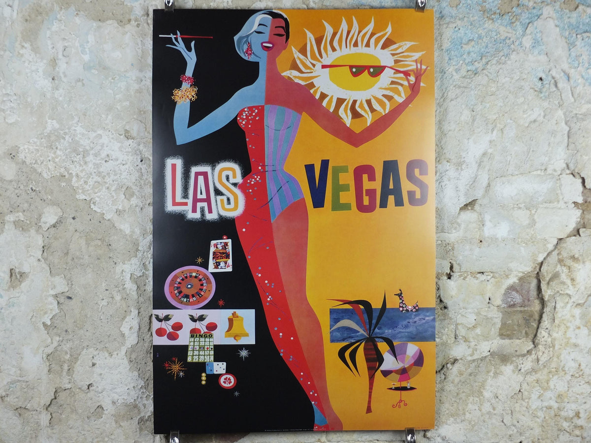 2004 Las Vegas Poster, Showgirl, gaming in the desert, Fly TWA, David Klein, travel wall art decor