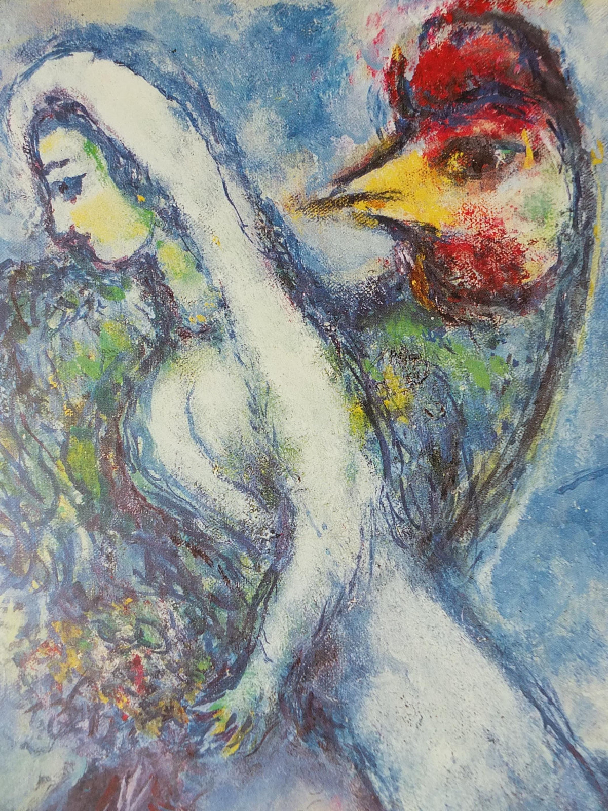 1986 Marc Chagall Poster, Self Portrait with bride and rooster, Paris at night, Seine, Notre Dame, Cubism Expressionism, wall art decor