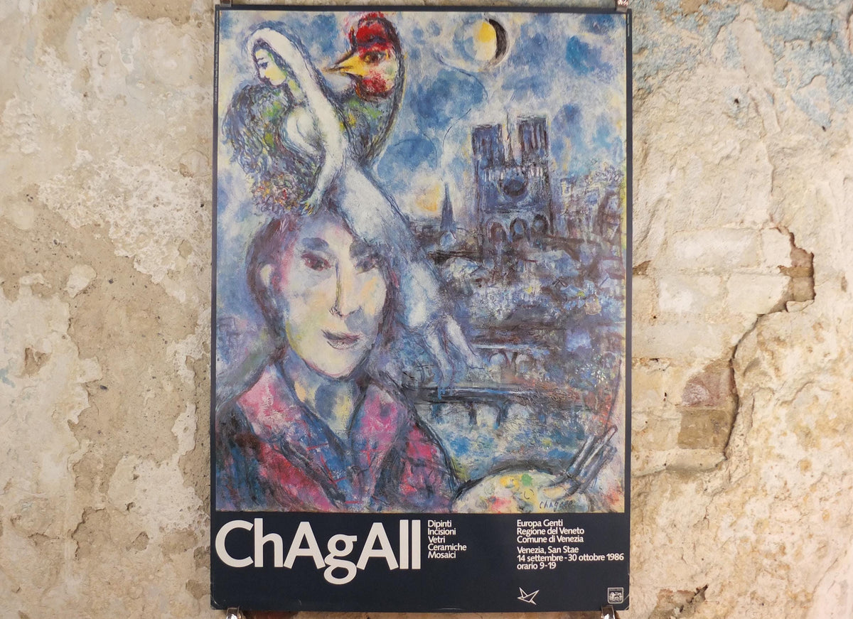 1986 Marc Chagall Poster, Self Portrait with bride and rooster, Paris at night, Seine, Notre Dame, Cubism Expressionism, wall art decor
