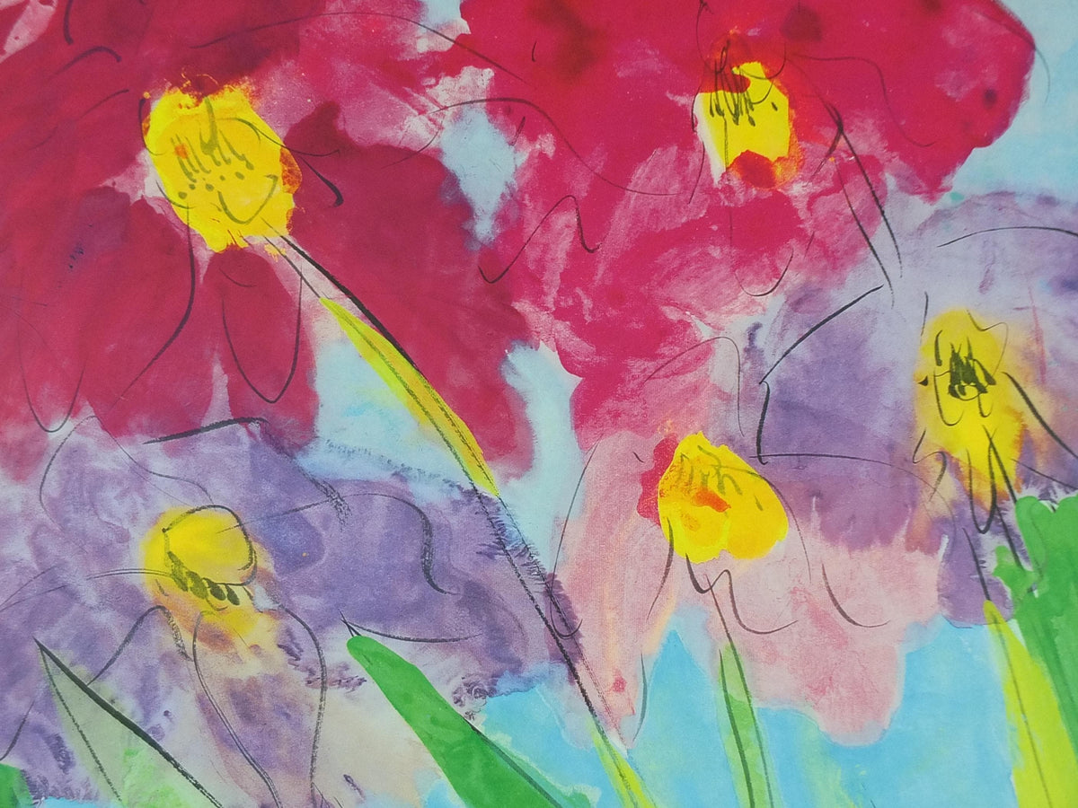 1995 Walasse Ting Poster, Six Irises, 6 colourful flowers, 6 iris, colourful popular figuratism, pop art, gallery exhibition, wall art decor