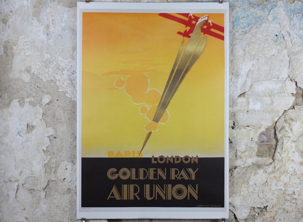 1999 Air Union Poster, Golden Ray Paris - London, Creation Publix, Air France Aviation, travel wall art decor