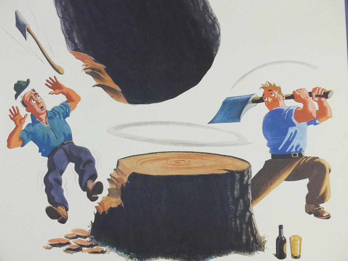 1990s Guinness for Strength Poster, from Guinness Museum, By John Gilroy 1937, lumberjack chopping trees with a Guinness, Wall art decor