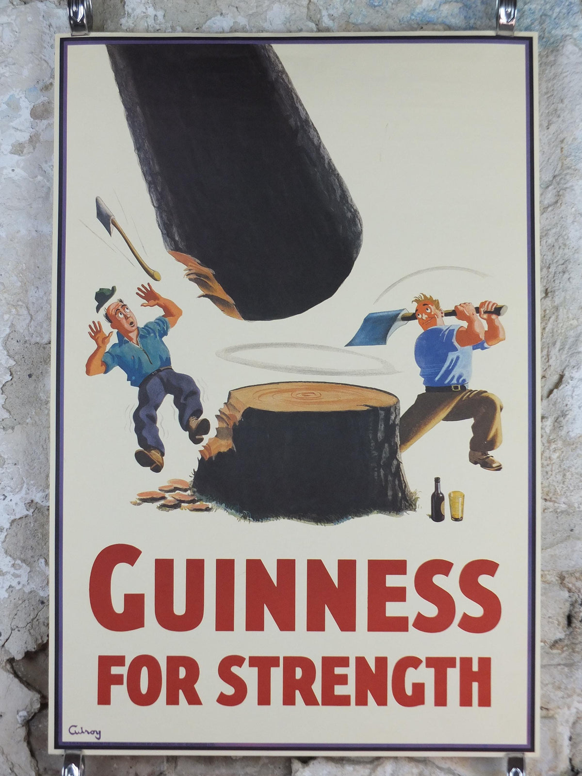 1990s Guinness for Strength Poster, from Guinness Museum, By John Gilroy 1937, lumberjack chopping trees with a Guinness, Wall art decor