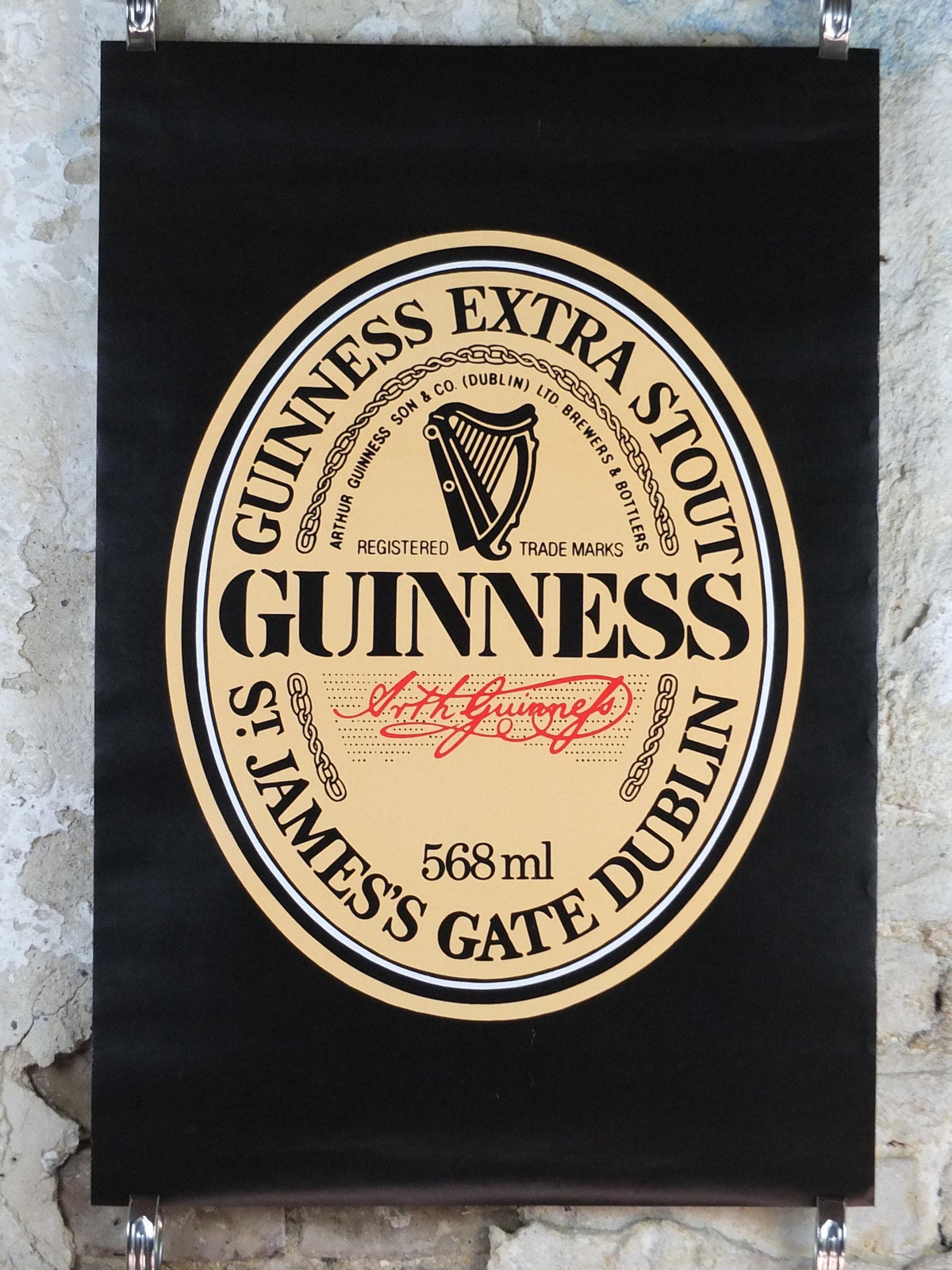 1990s Guinness Poster, 568ml bottle, St James Gate Dublin, Harp, three bottles and glasses, advertising lager beer, wall art decor