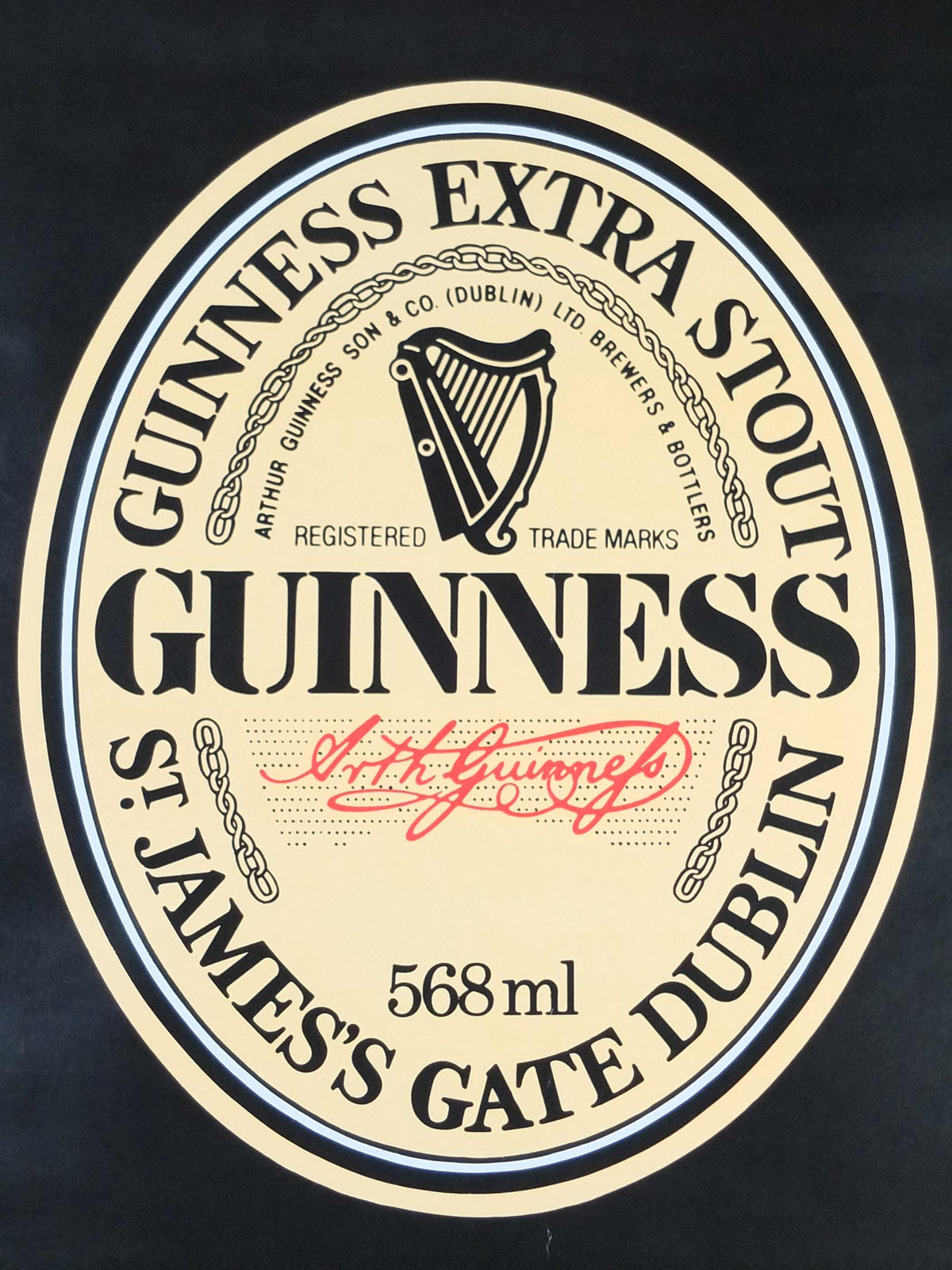 1990s Guinness Poster, 568ml bottle, St James Gate Dublin, Harp, three bottles and glasses, advertising lager beer, wall art decor