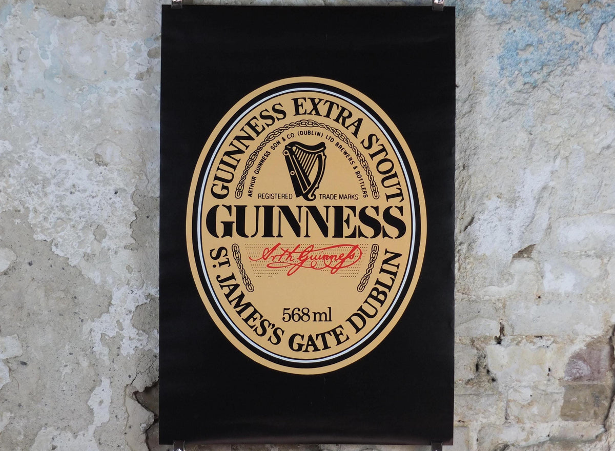 1990s Guinness Poster, 568ml bottle, St James Gate Dublin, Harp, three bottles and glasses, advertising lager beer, wall art decor