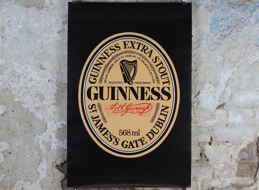 1990s Guinness Poster, 568ml bottle, St James Gate Dublin, Harp, three bottles and glasses, advertising lager beer, wall art decor