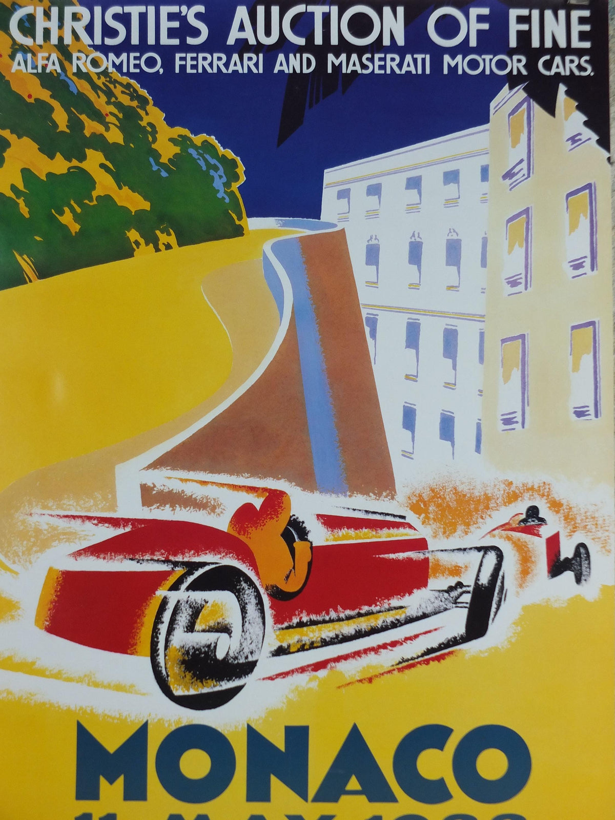 1988 Monaco Christies Poster, Alfa Romeo, Ferrari and Maserati auction advertising, retro sports car wall art decor