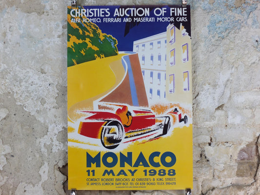 1988 Monaco Christies Poster, Alfa Romeo, Ferrari and Maserati auction advertising, retro sports car wall art decor