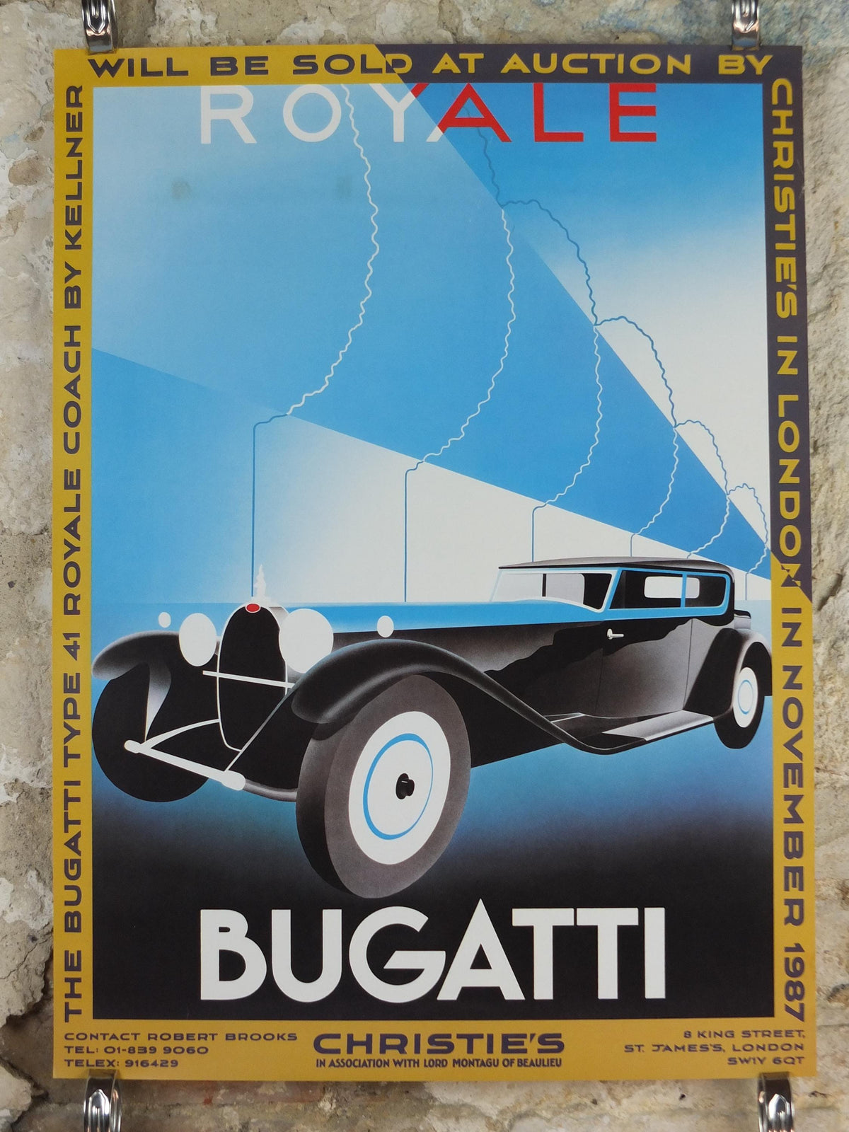 1987 Monaco Christies Poster, Bugatti Type 41 Royale Coach by Kellner, auction advertising, retro sports car wall art decor