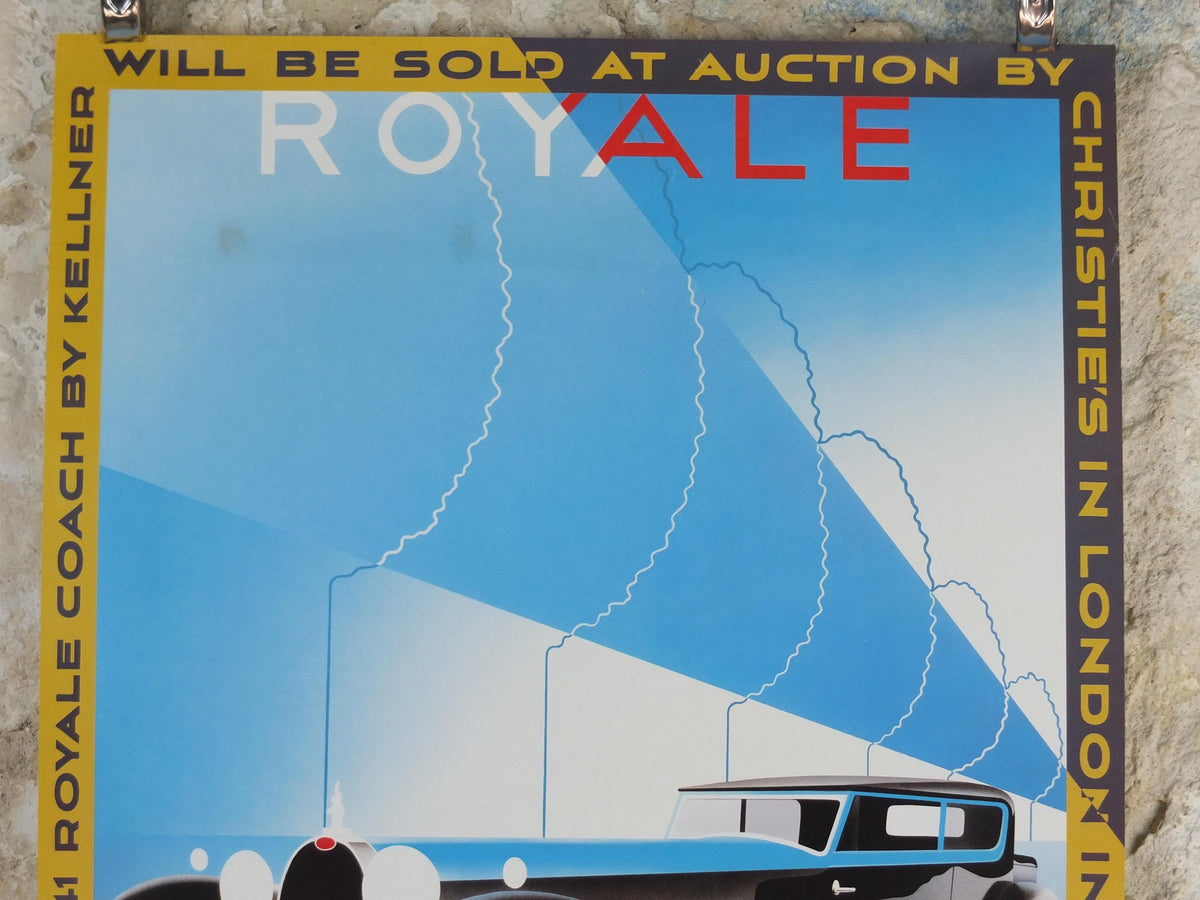 1987 Monaco Christies Poster, Bugatti Type 41 Royale Coach by Kellner, auction advertising, retro sports car wall art decor