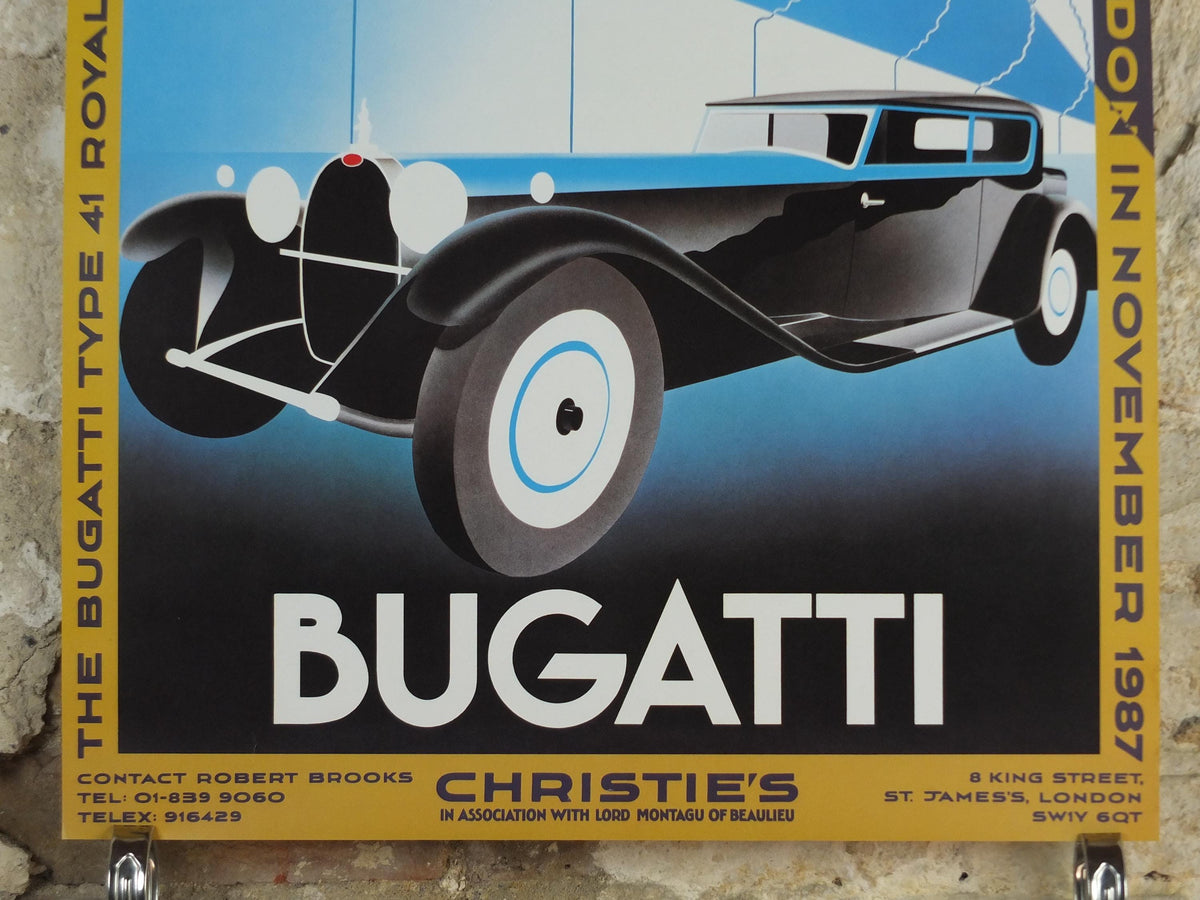 1987 Monaco Christies Poster, Bugatti Type 41 Royale Coach by Kellner, auction advertising, retro sports car wall art decor