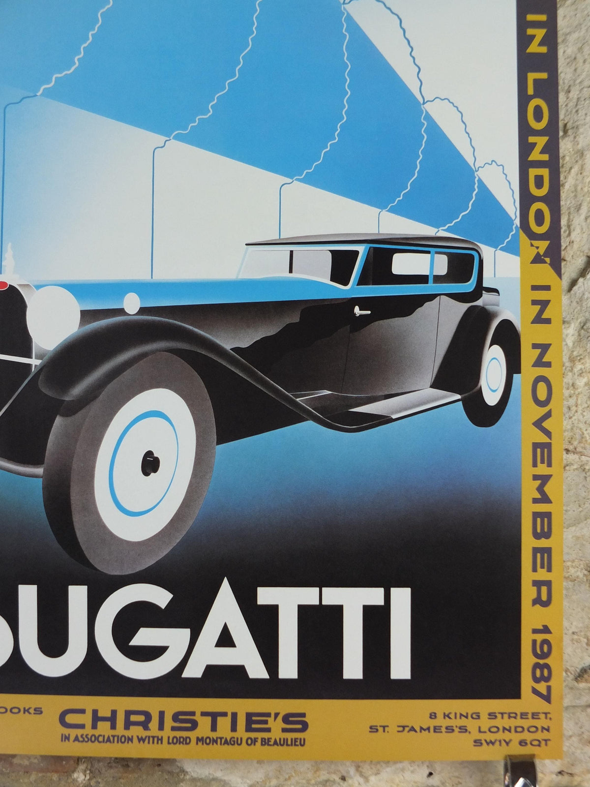 1987 Monaco Christies Poster, Bugatti Type 41 Royale Coach by Kellner, auction advertising, retro sports car wall art decor
