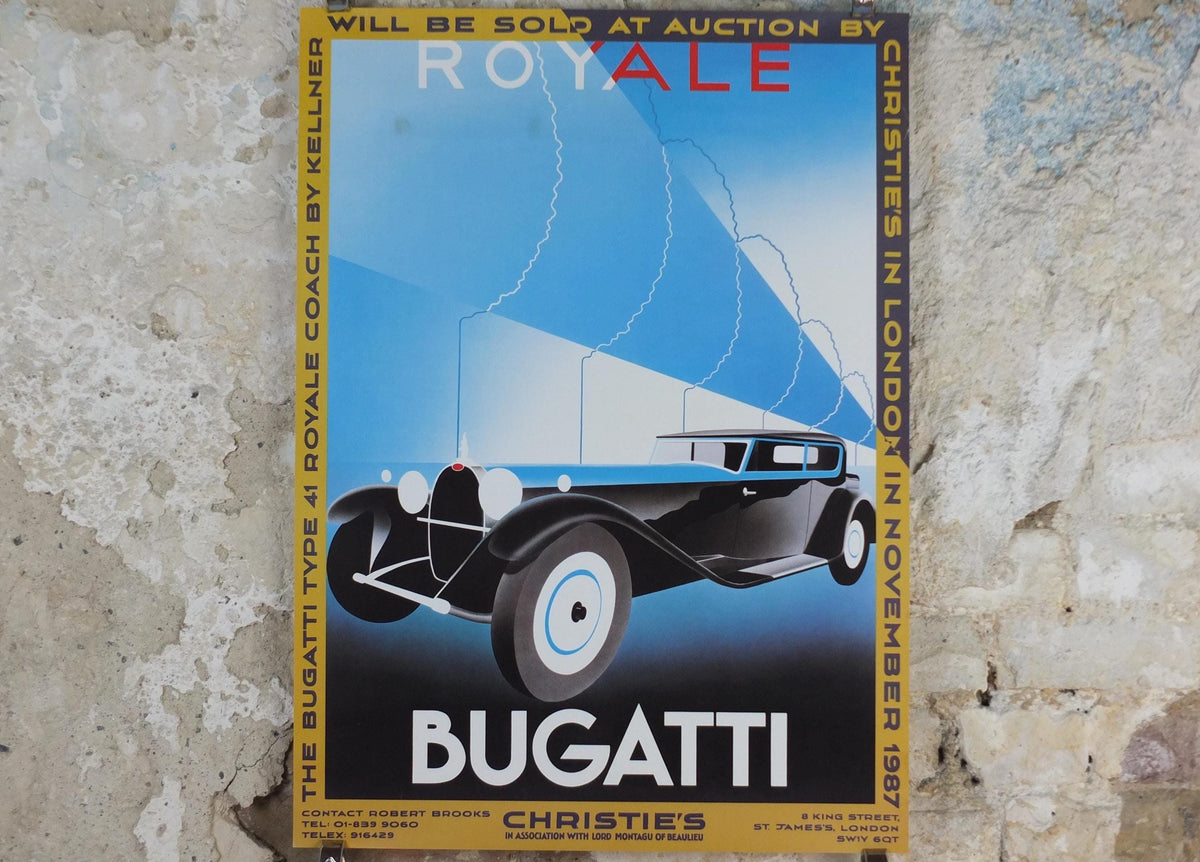 1987 Monaco Christies Poster, Bugatti Type 41 Royale Coach by Kellner, auction advertising, retro sports car wall art decor