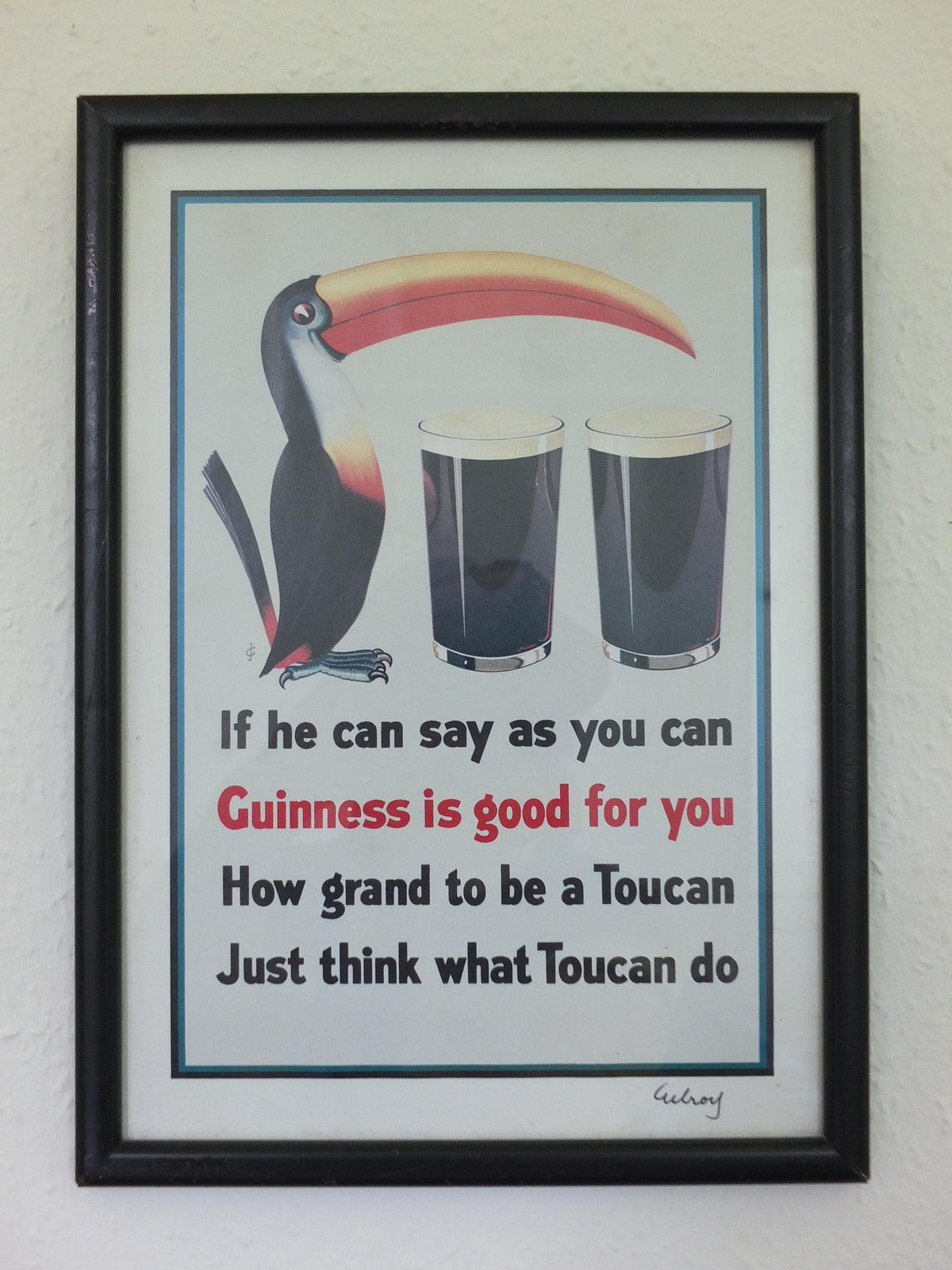 Hand signed 1981 John Gilroy Guinness Toucan Poster, Toucan Poem 1935, Toucan with two pints and a poem, wall art retro decor