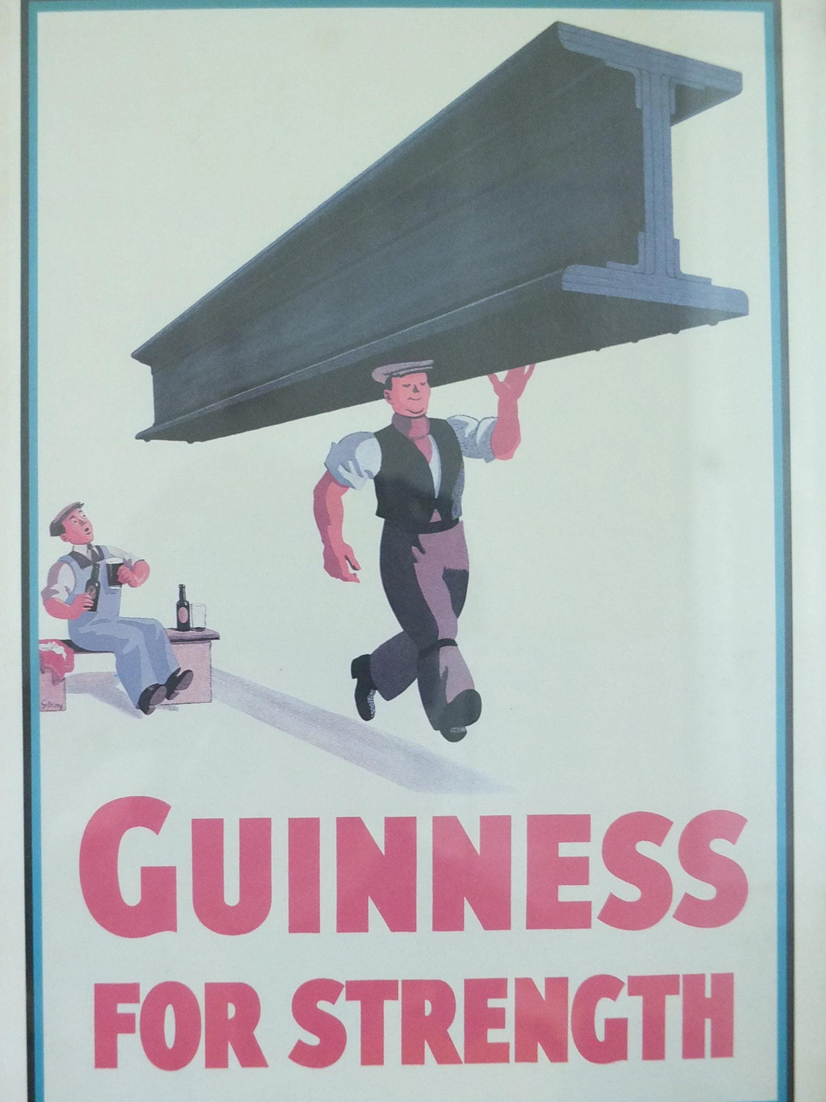 Hand signed 1981 John Gilroy Guinness Toucan Poster, Girder 1934, Guinness construction worker carrying a steel girder, wall art retro decor