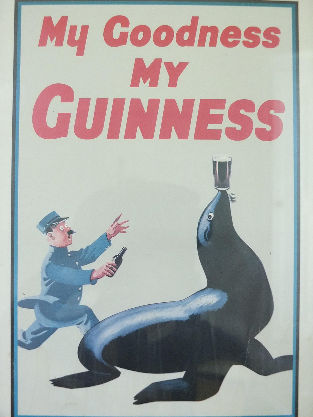 Hand signed 1981 John Gilroy Guinness Toucan Poster, Sea Lion 1935, Guinness Zookeeper with sea lion with pint on nose, wall art retro decor