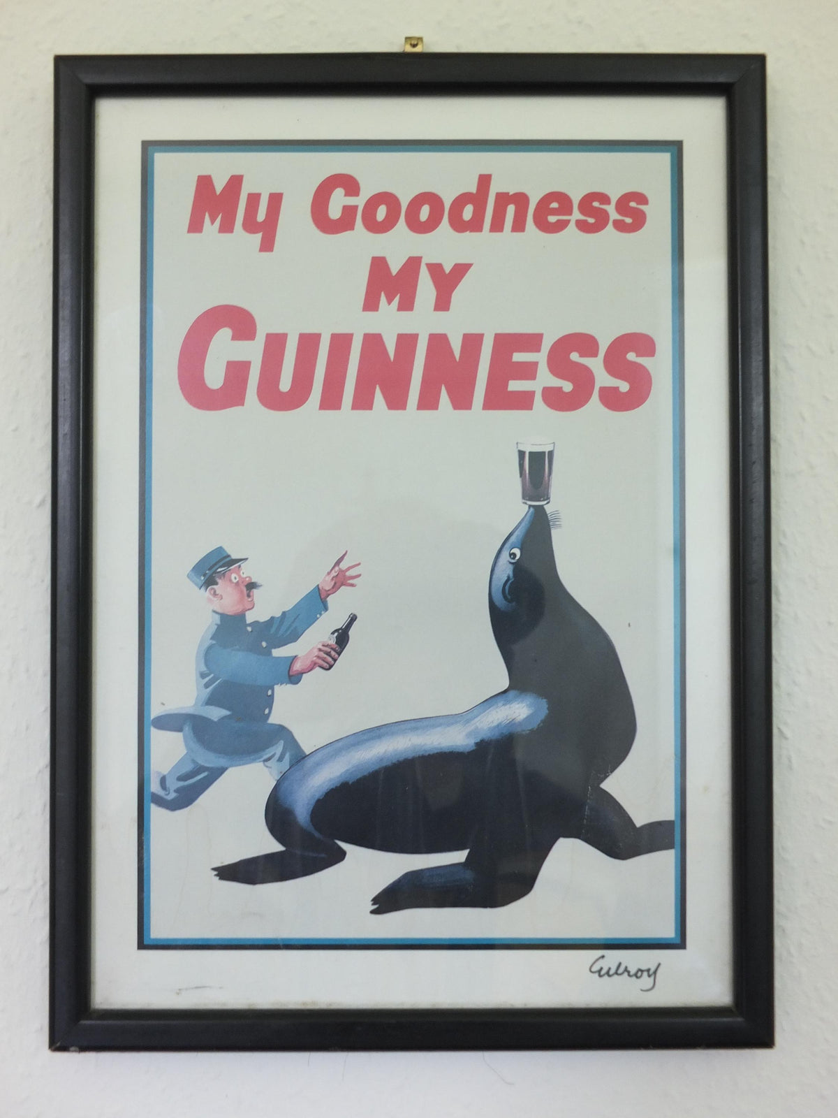 Hand signed 1981 John Gilroy Guinness Toucan Poster, Sea Lion 1935, Guinness Zookeeper with sea lion with pint on nose, wall art retro decor