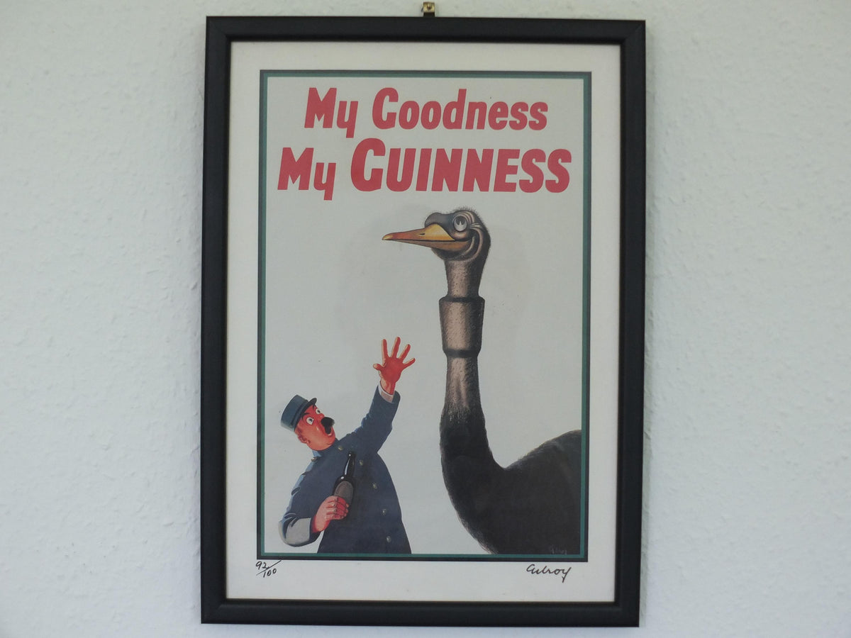 Hand signed 1981 John Gilroy Guinness Toucan Poster, Ostrich 1936, Guinness Zookeeper & ostrich who swallowed his pint, wall art retro decor