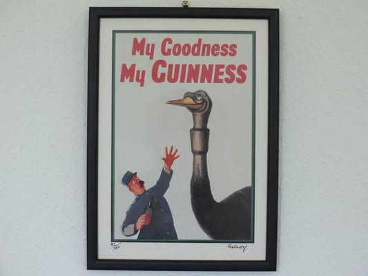 Hand signed 1981 John Gilroy Guinness Toucan Poster, Ostrich 1936, Guinness Zookeeper & ostrich who swallowed his pint, wall art retro decor
