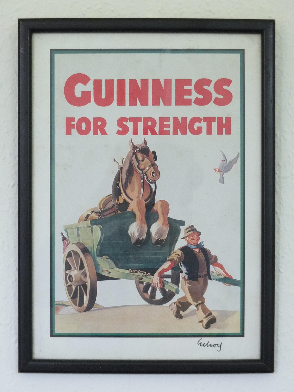 Hand signed 1981 John Gilroy Guinness Toucan Poster, Carthorse 1949, Guinness farmer pulling his horse and cart, wall art retro decor