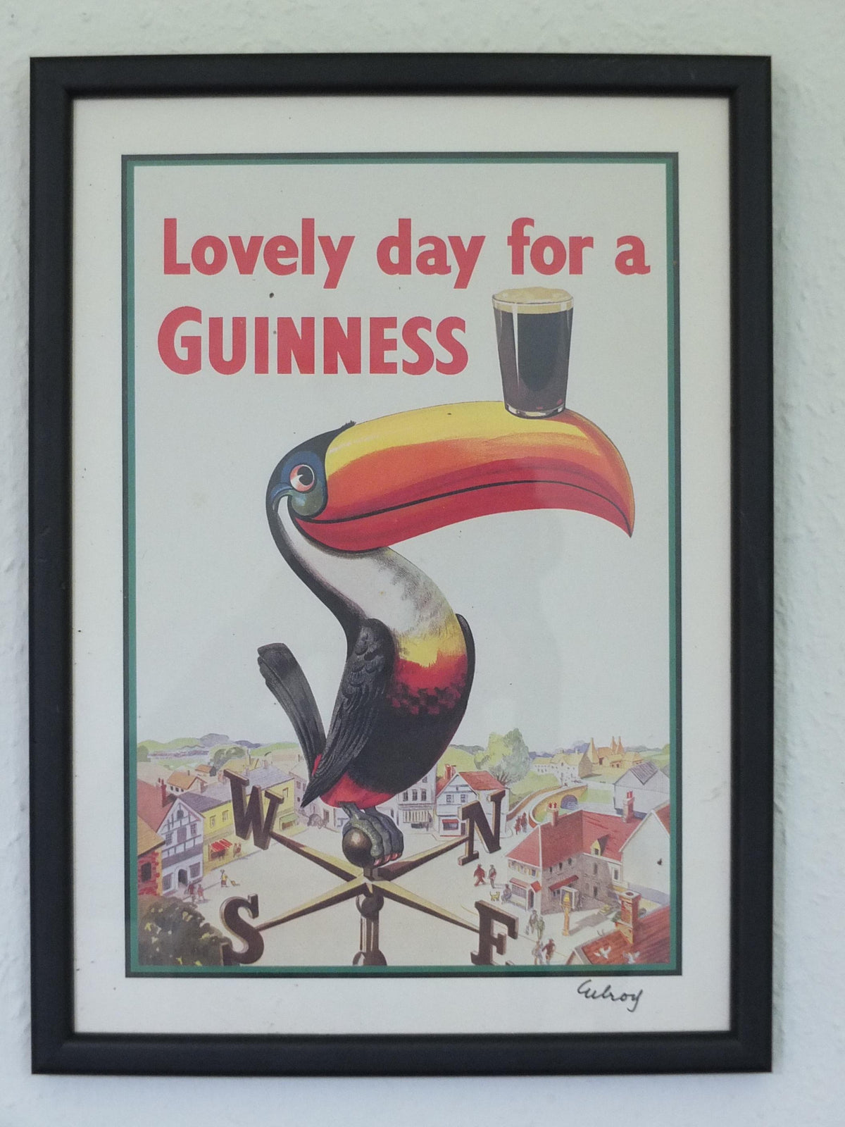 Hand signed 1981 John Gilroy Guinness Toucan Poster, Weathervane 1955, Pint of Guinness on Toucan's beak, wall art retro decor