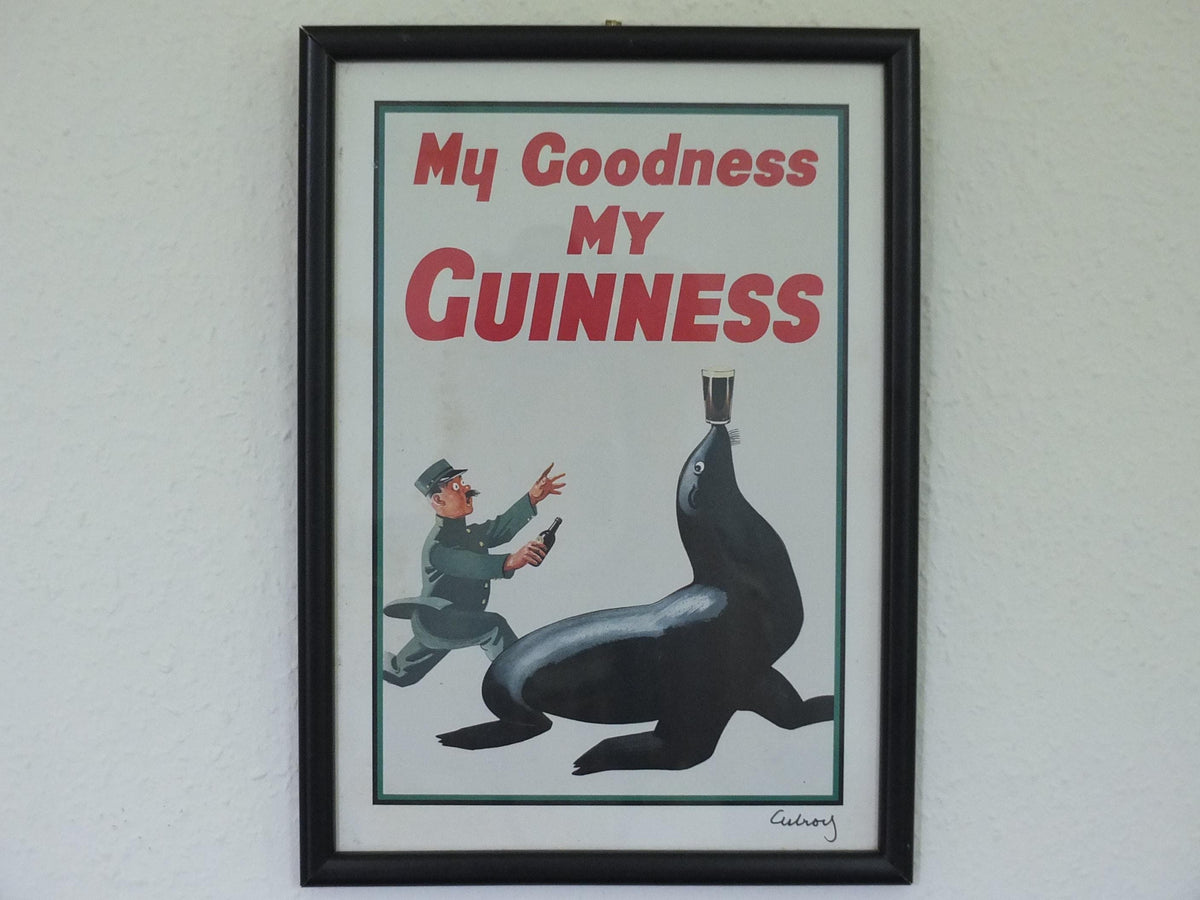 Hand signed 1981 John Gilroy Guinness Toucan Poster, Sea Lion 1935, Guinness Zookeeper with sea lion with pint on nose, wall art retro decor