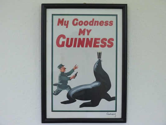 Hand signed 1981 John Gilroy Guinness Toucan Poster, Sea Lion 1935, Guinness Zookeeper with sea lion with pint on nose, wall art retro decor