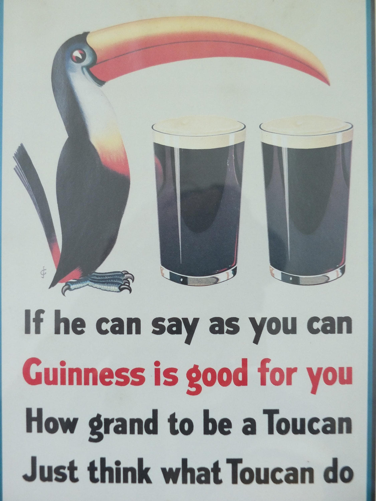 Hand signed 1981 John Gilroy Guinness Toucan Poster, Toucan Poem 1935, Toucan with two pints and a poem, wall art retro decor