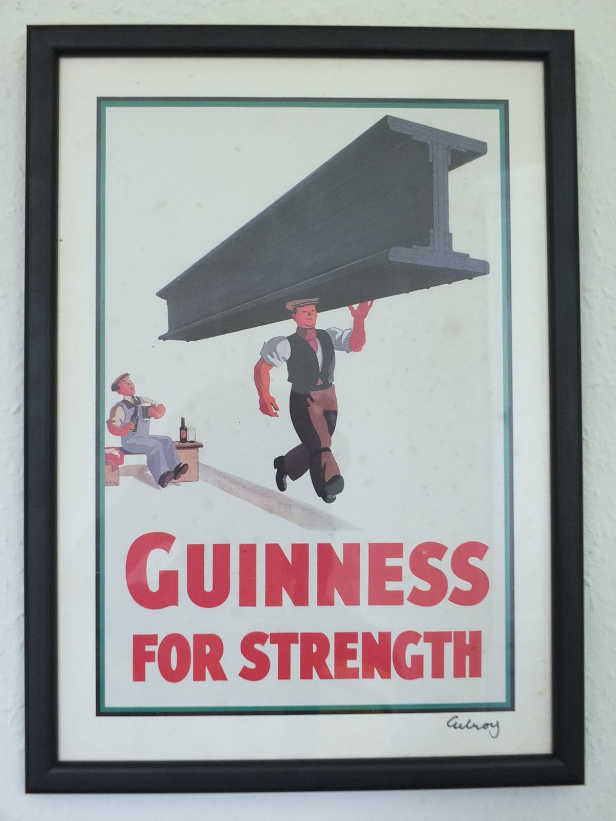 Hand signed 1981 John Gilroy Guinness Toucan Poster, Girder 1934, Guinness construction worker carrying a steel girder, wall art retro decor
