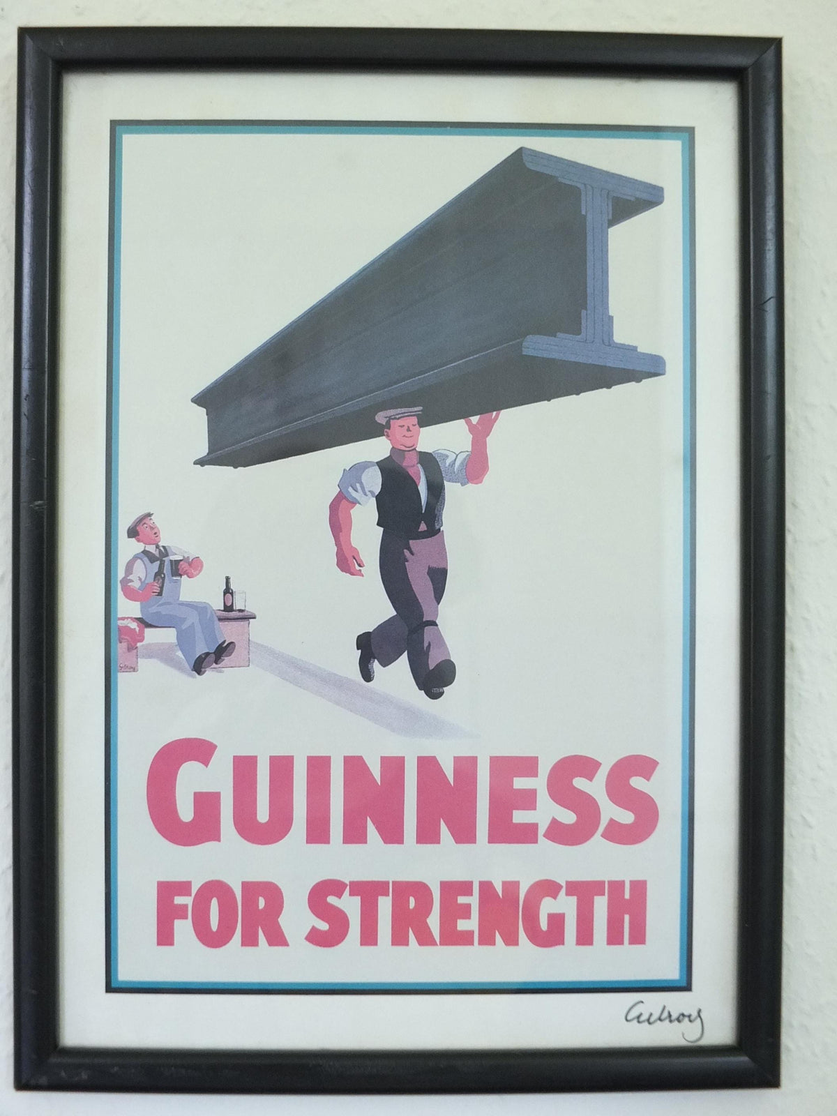 Hand signed 1981 John Gilroy Guinness Toucan Poster, Girder 1934, Guinness construction worker carrying a steel girder, wall art retro decor