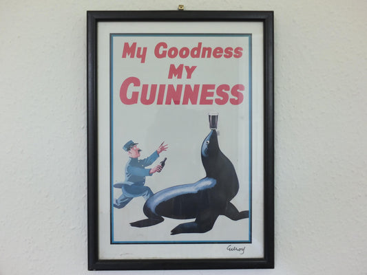 Hand signed 1981 John Gilroy Guinness Toucan Poster, Sea Lion 1935, Guinness Zookeeper with sea lion with pint on nose, wall art retro decor