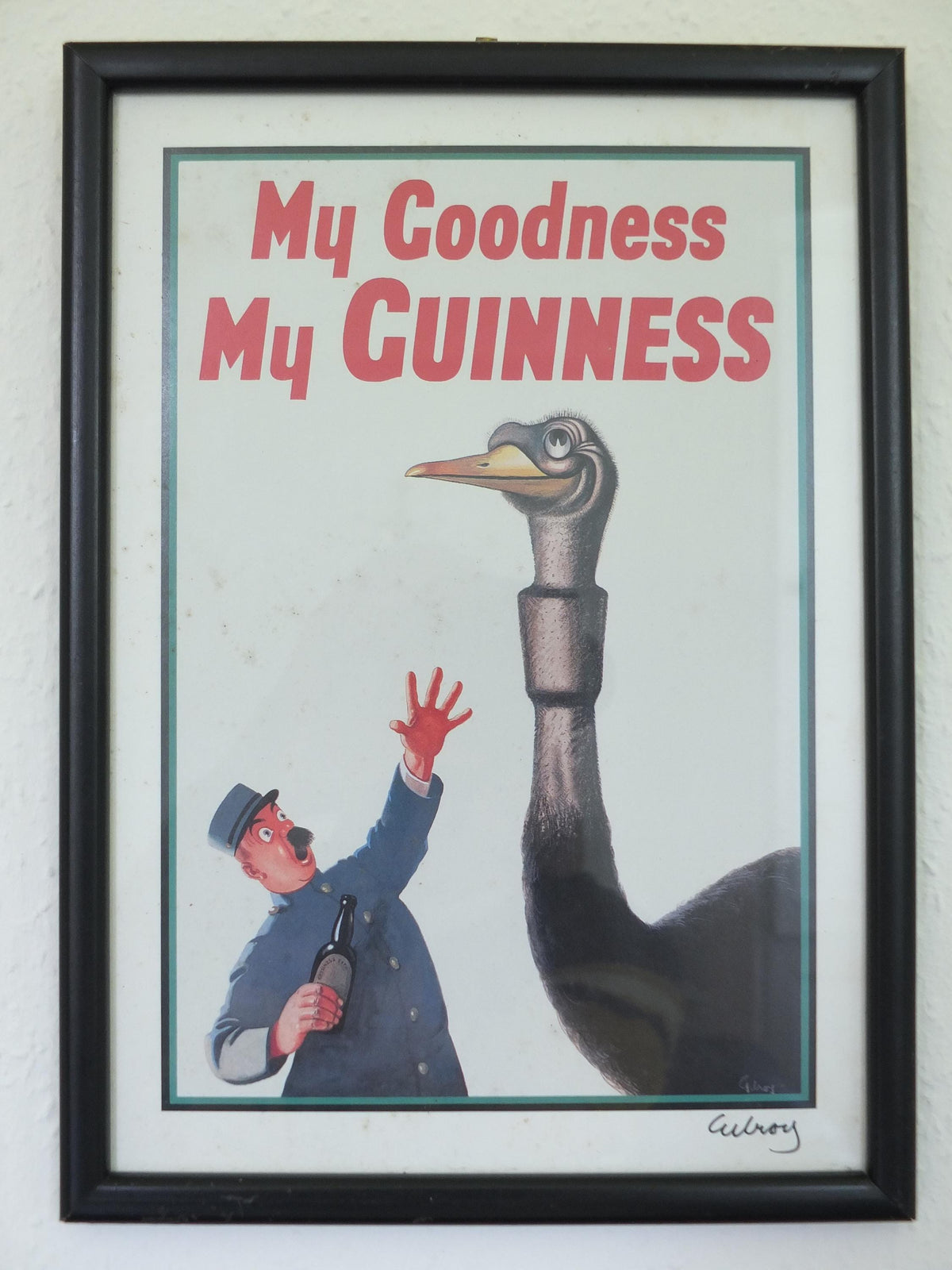 Hand signed 1981 John Gilroy Guinness Toucan Poster, Ostrich 1936, Guinness Zookeeper & ostrich who swallowed his pint, wall art retro decor