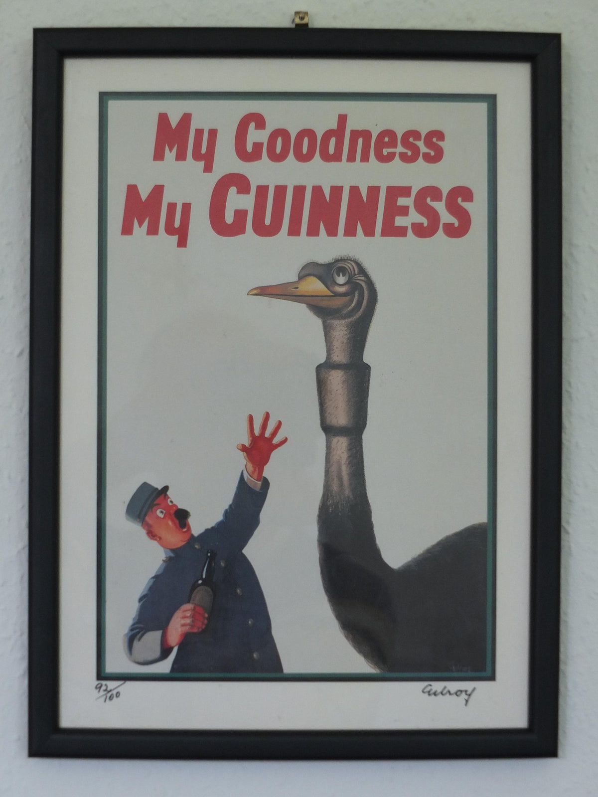 Hand signed 1981 John Gilroy Guinness Toucan Poster, Ostrich 1936, Guinness Zookeeper & ostrich who swallowed his pint, wall art retro decor