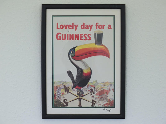 Hand signed 1981 John Gilroy Guinness Toucan Poster, Weathervane 1955, Pint of Guinness on Toucan's beak, wall art retro decor