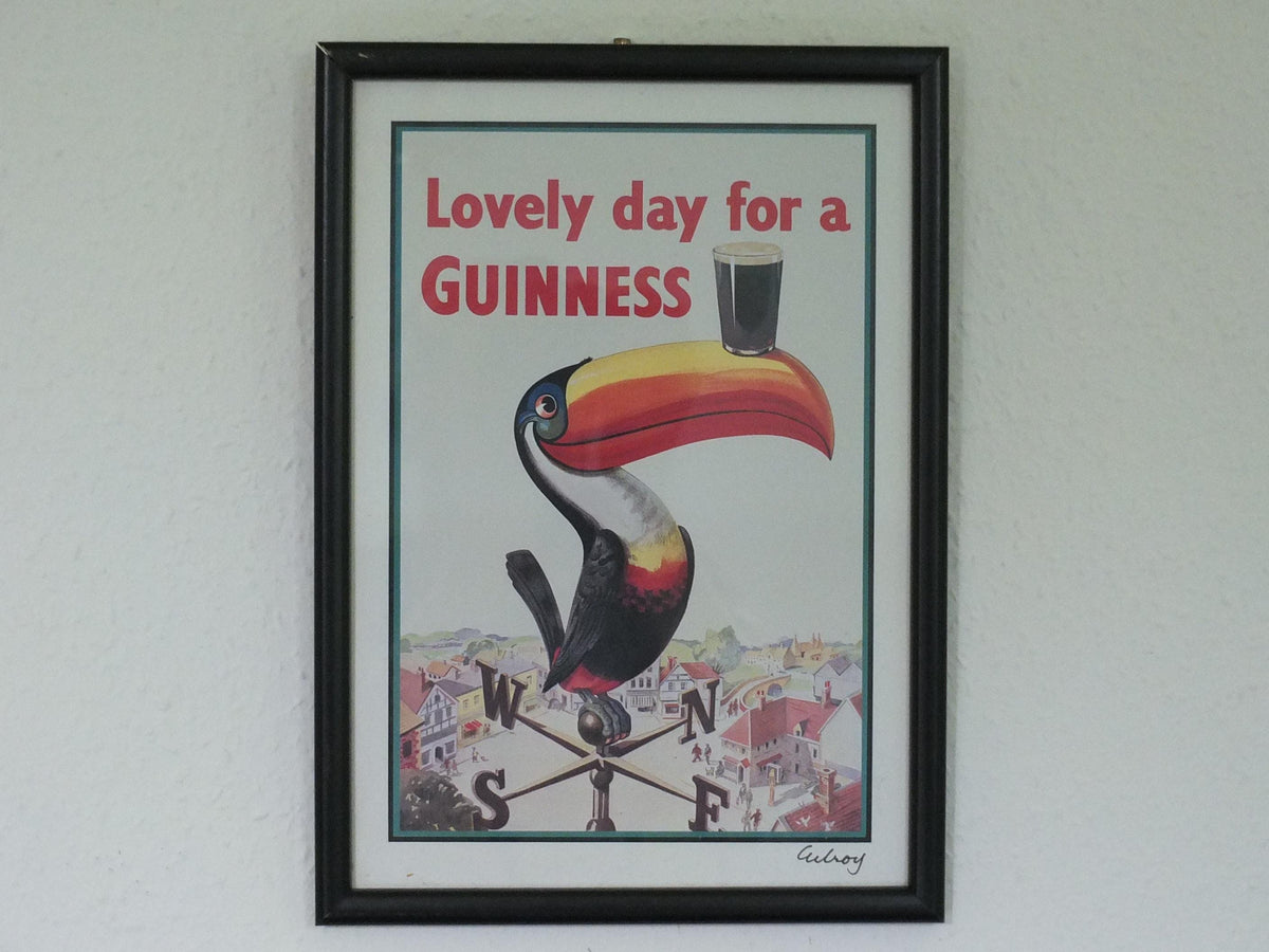 Hand signed 1981 John Gilroy Guinness Toucan Poster, Weathervane 1955, Pint of Guinness on Toucan's beak, wall art retro decor