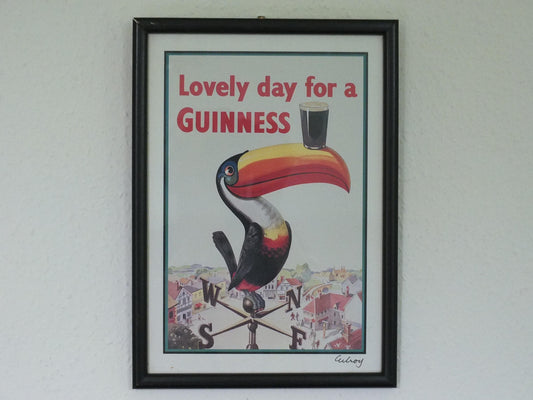 Hand signed 1981 John Gilroy Guinness Toucan Poster, Weathervane 1955, Pint of Guinness on Toucan's beak, wall art retro decor