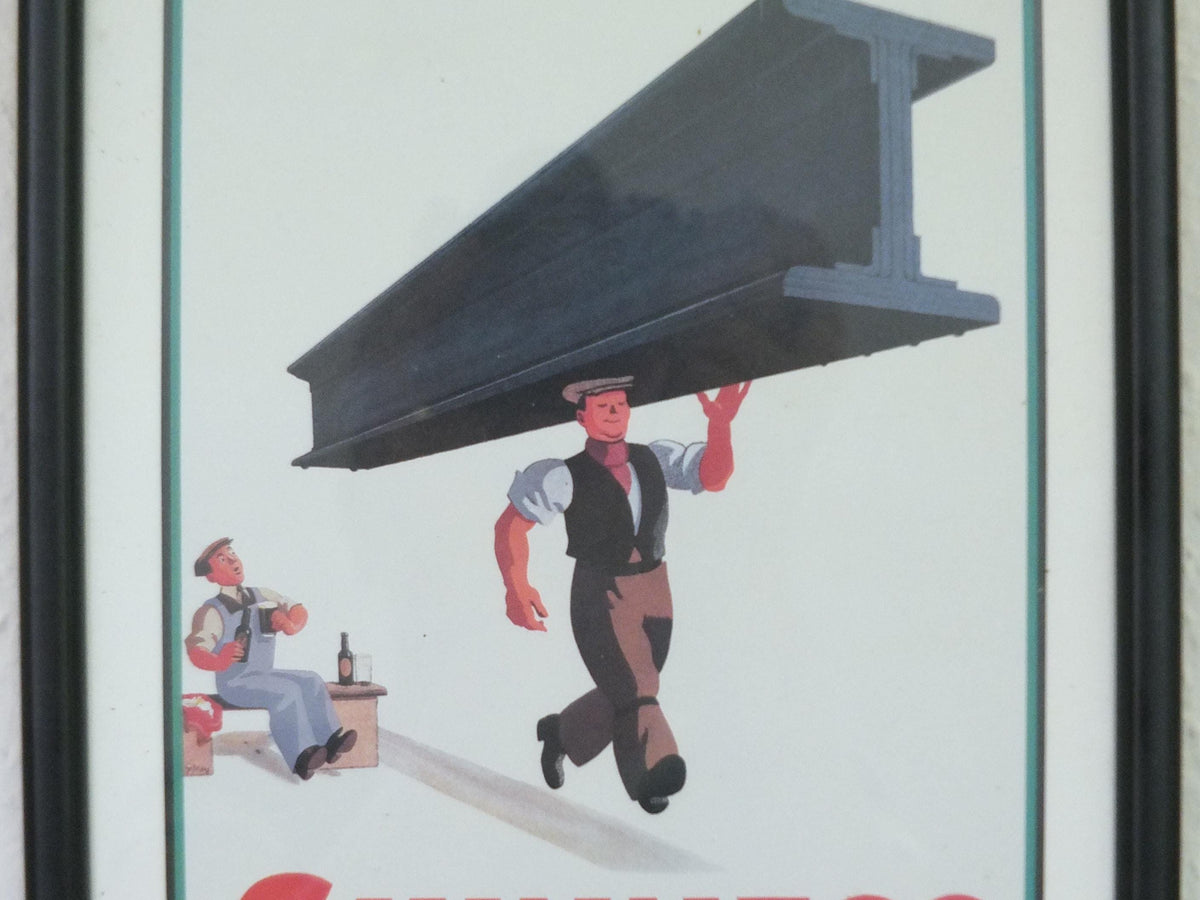 Hand signed 1981 John Gilroy Guinness Toucan Poster, Girder 1934, Guinness construction worker carrying a steel girder, wall art retro decor